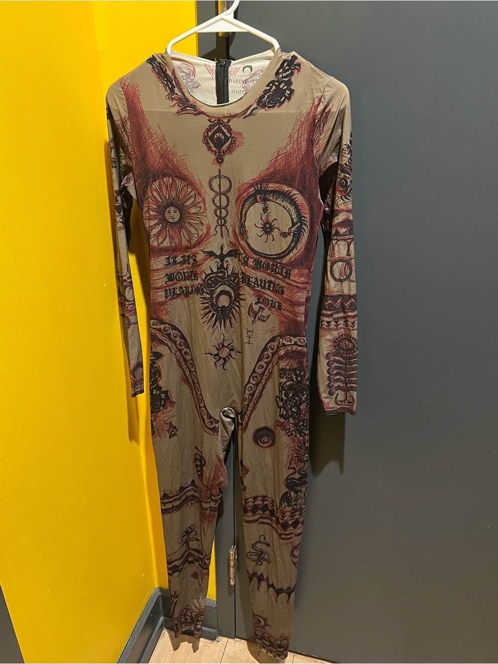 Marine Serre Printed Long-Sleeve Stretch Jumpsuit in Beige and Burgundy